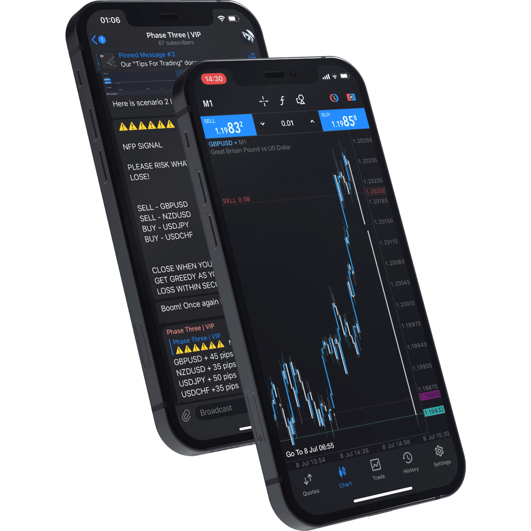 Two phones standing next to each other, with one showing a trade entry on a chart from NFP and the other showing Phase Three's VIP Telegram group with an NFP signal.