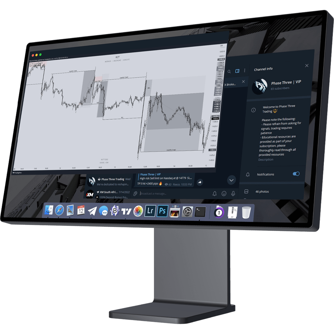 Apple Pro monitor showing trade results and Phase Three VIP Telegram group